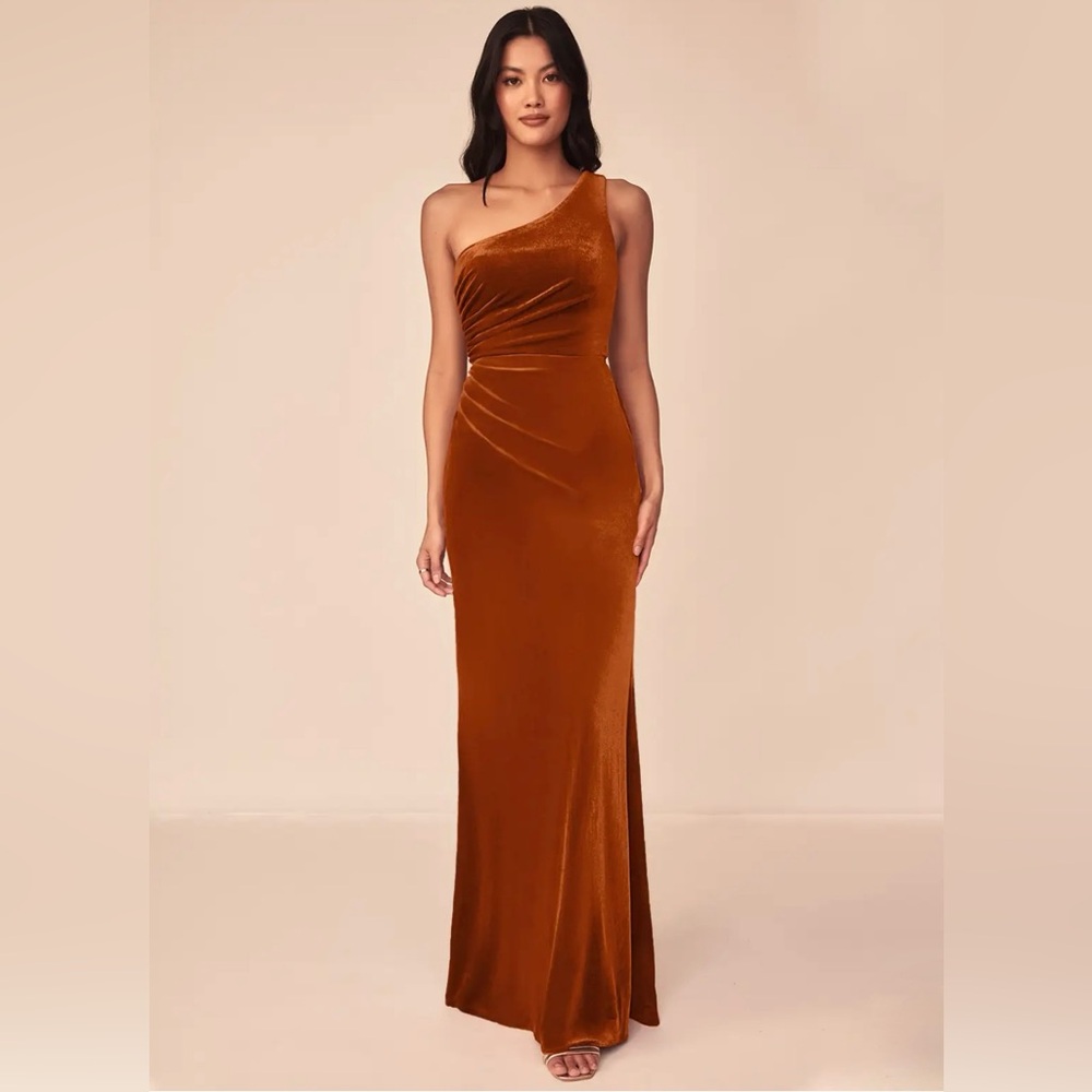 Azazie Argan Burnt Orange One-Shoulder Velvet Dress